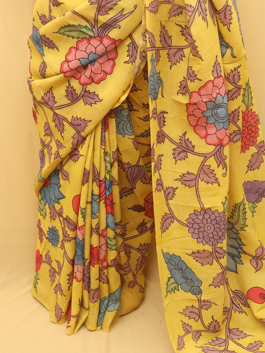 Yellow Pen Kalamkari Pure Silk Saree - Luxurion World