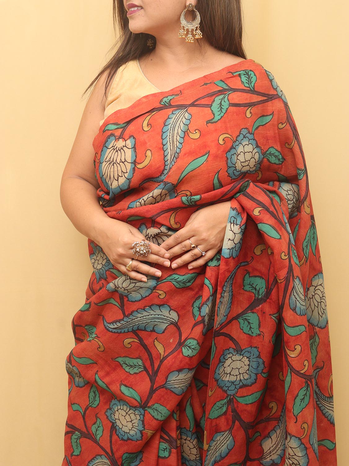 Red Pen Kalamkari Pure Silk Saree - Luxurion World