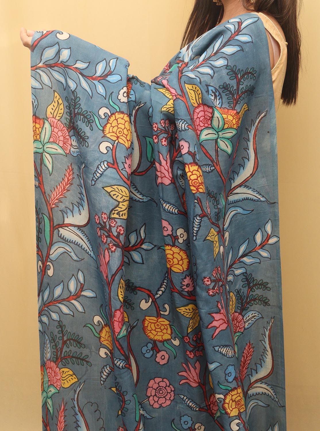 Blue Pen Kalamkari Pure Silk Saree - Luxurion World