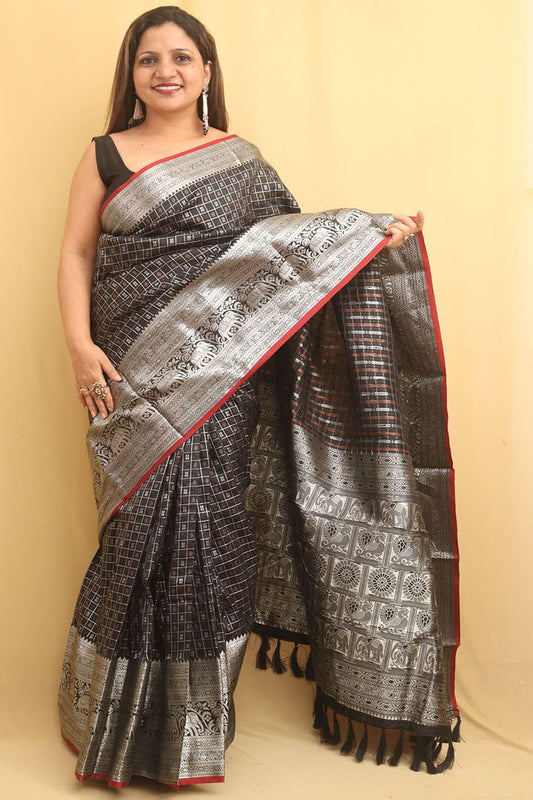 Elegant Black Kanjeevaram Silk Checks Saree: Timeless Beauty
