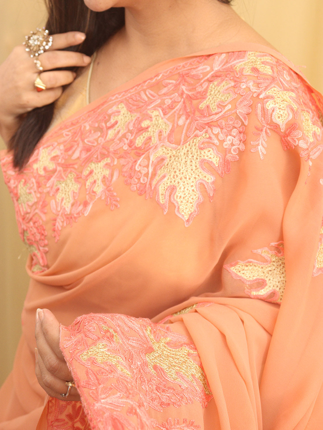 Peach Embroidered Kashmiri Aari Work Georgette Saree - Luxurion World