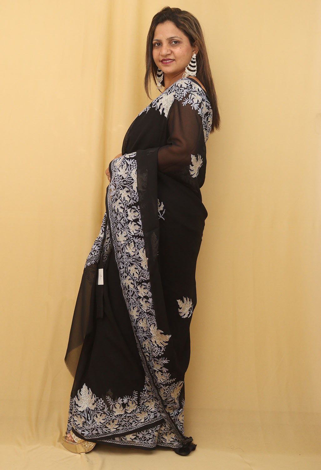 Black Embroidered Kashmiri Aari Work Georgette Saree - Luxurion World