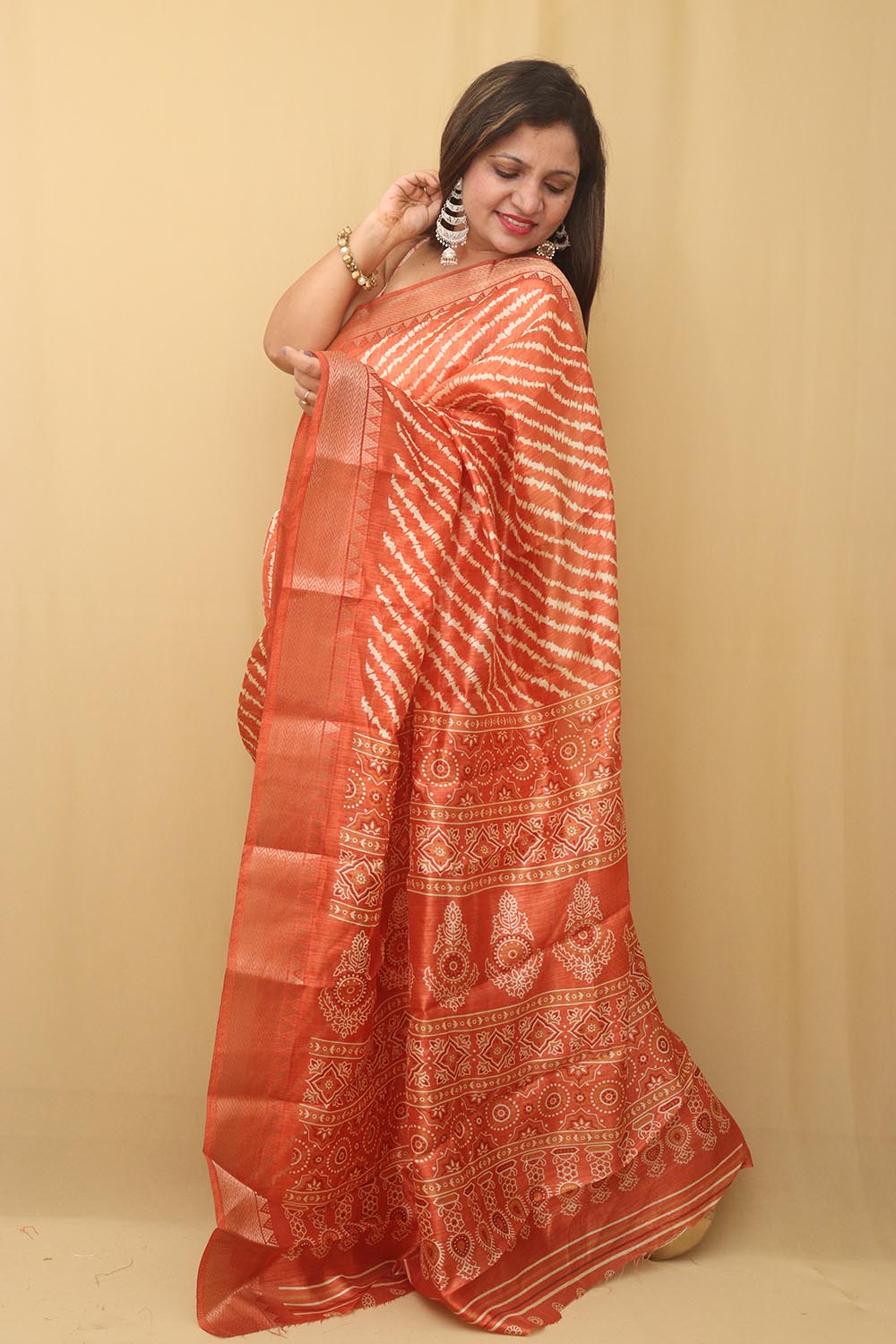 Red - Tie-Dye Tussar Silk Handloom Leheriya Fabric 93 main image 1
