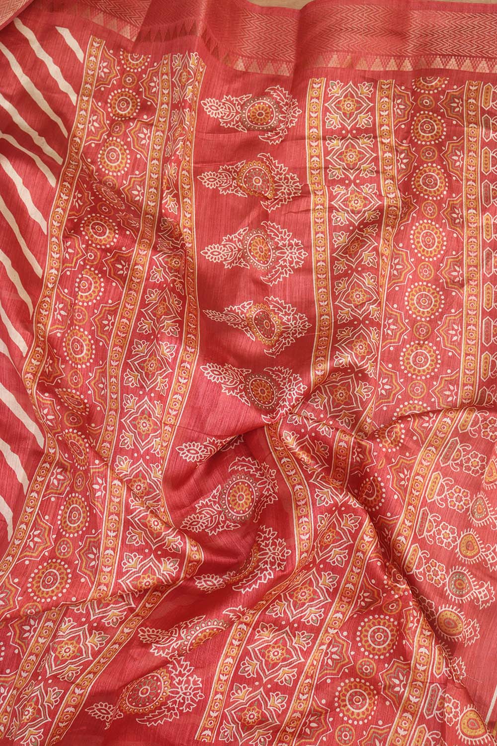 1 Min Ready To Wear - Red Leheriya Print Tussar Cotton Silk Saree - Luxurion World