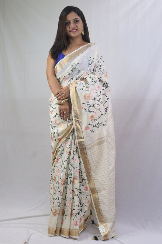 Stunning Pastel Linen Silk Saree with Intricate Embroidery