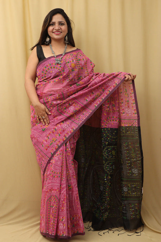 Vibrant Pink Madhubani Cotton Silk Saree