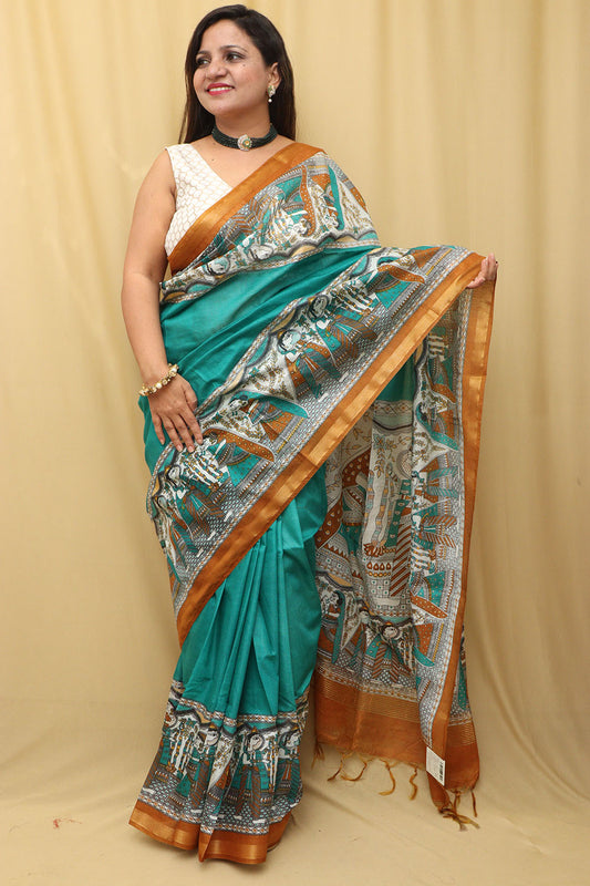Blue Madhubani Cotton Silk Saree with Digital Print - Luxurion World