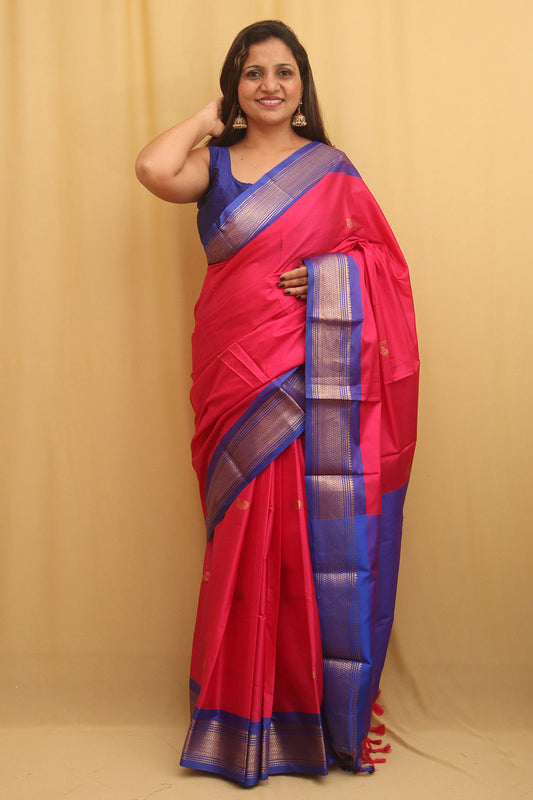 Pink And Blue Paithani Cotton Silk Saree - Luxurion World