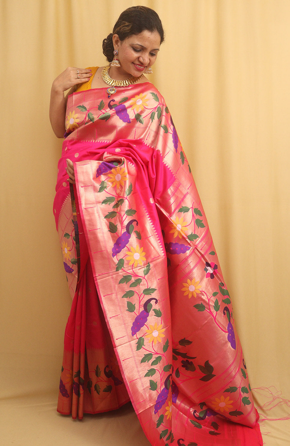 Pink Paithani Silk Bird And Flower Design Saree - Luxurion World