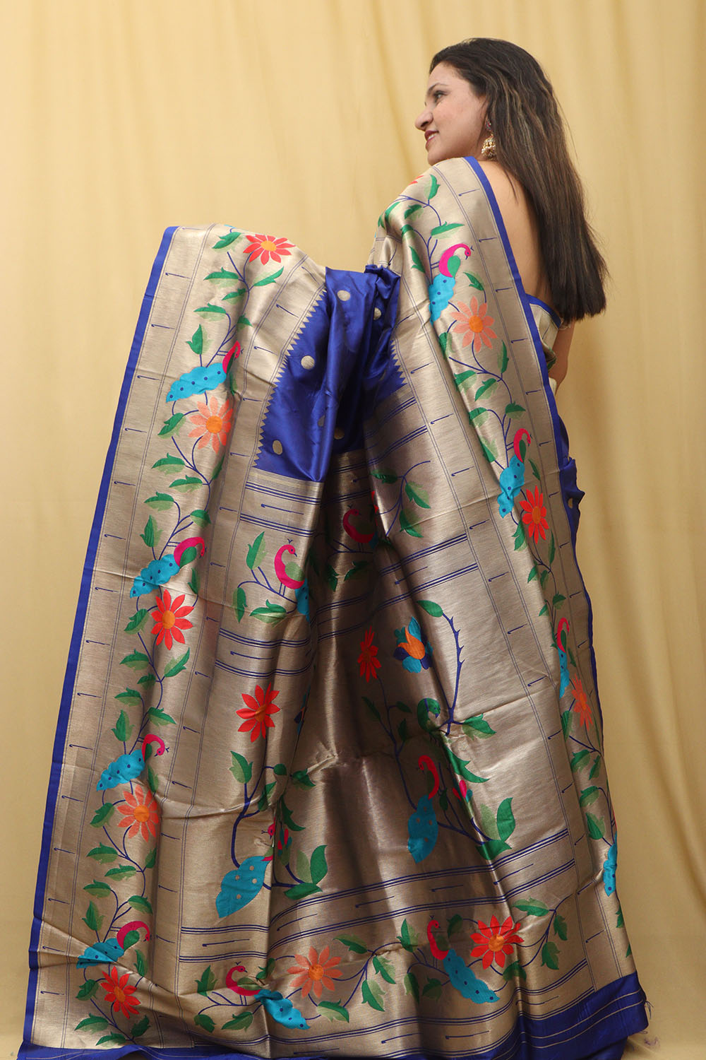 Blue Paithani Silk Parrot & Flower Saree - Luxurion World