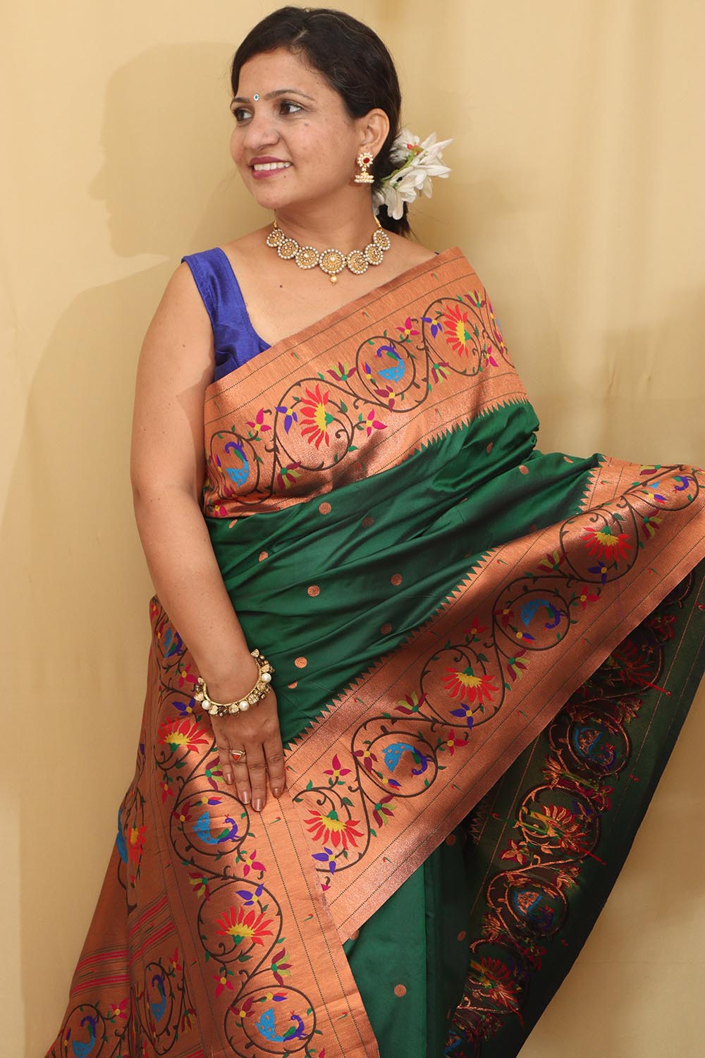 Exquisite Green Paithani Silk Saree with Peacock Flower