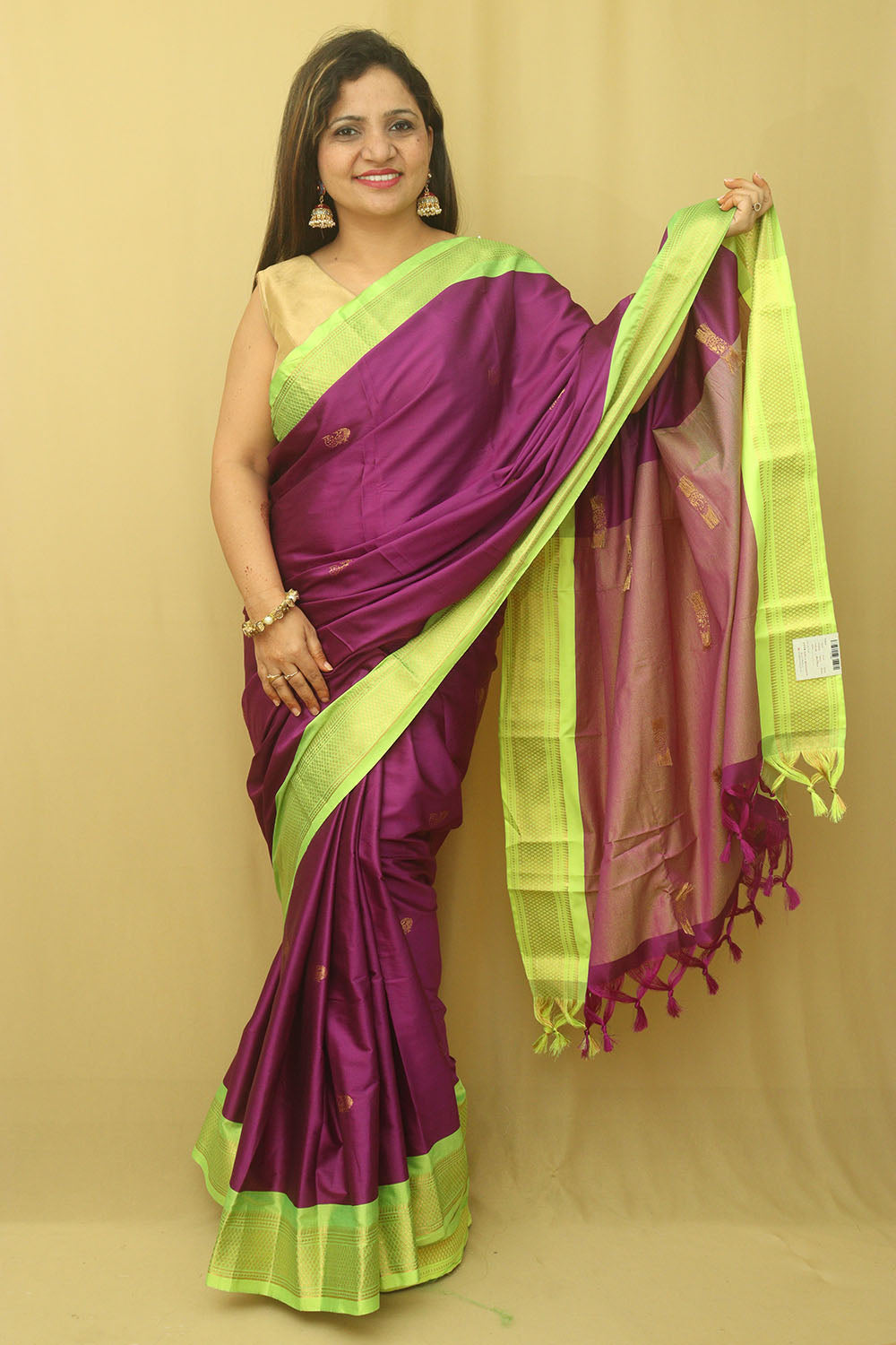 1 Min Ready To Wear - Purple And Green Paithani Cotton Silk Saree - Luxurion World