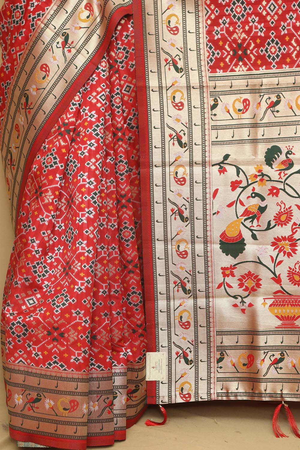 Red Paithani Patola Silk Bird Design Saree - Luxurion World