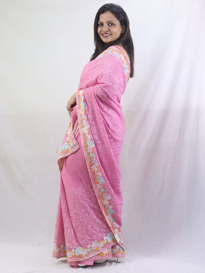 Stunning Pink Georgette Saree with Intricate Thread Work Embroidery - Luxurion World