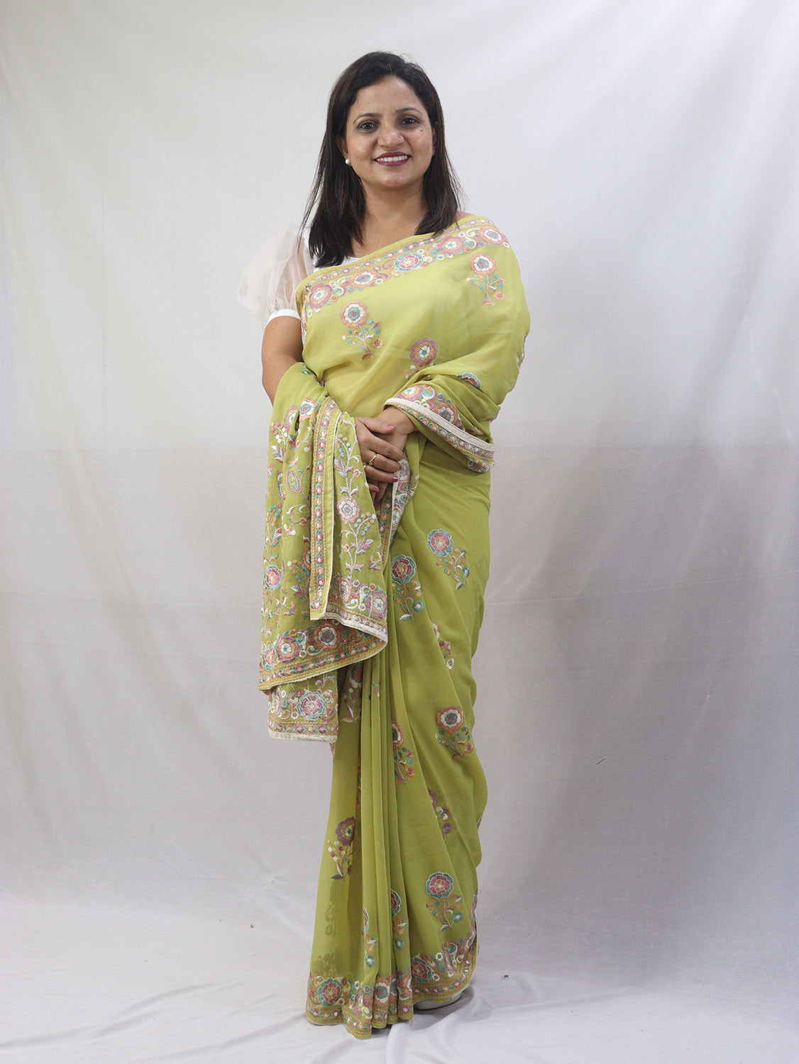 Stunning Green Parsi Gara Saree with Embroidered Georgette - Perfect for Any Occasion! - Luxurion World