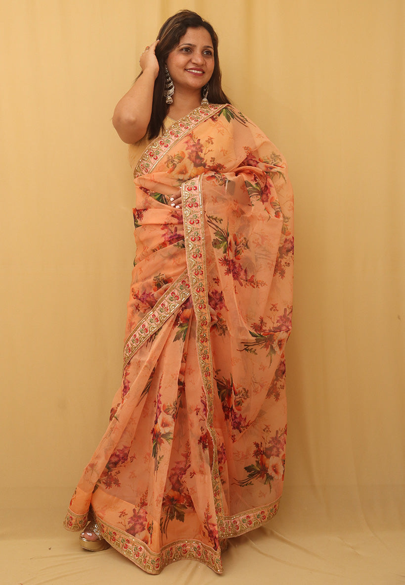 Orange Trendy Digital Printed Organza Saree - Luxurion World