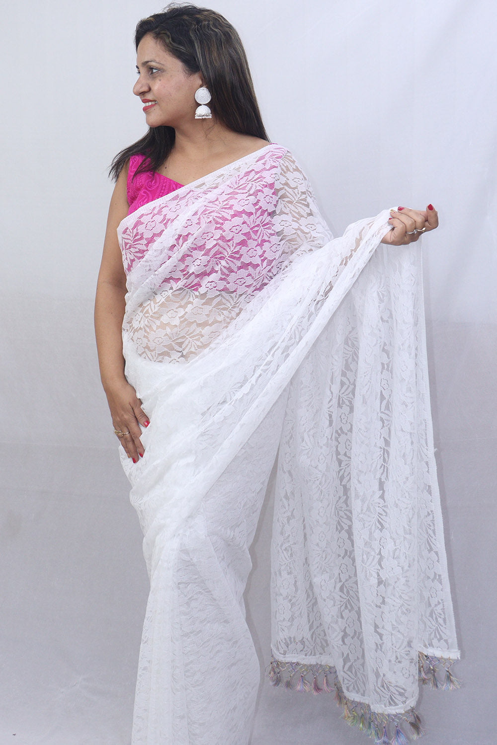 Off White Trendy Net Saree - Luxurion World