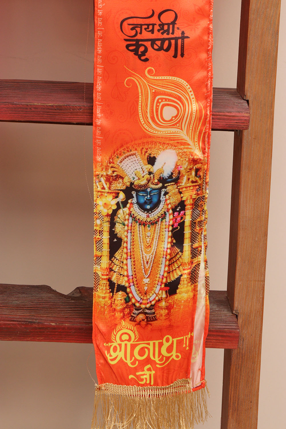 LUXURION WORLD Divine Stole/ Patka/ Khesh/ Shawl/ Dupatta – Shreenath ji Stoles || Satin Silk Cloth Print Unisex God Printed Scarf for Spiritual Wear ( With Handcrafted Lace ) - Luxurion World