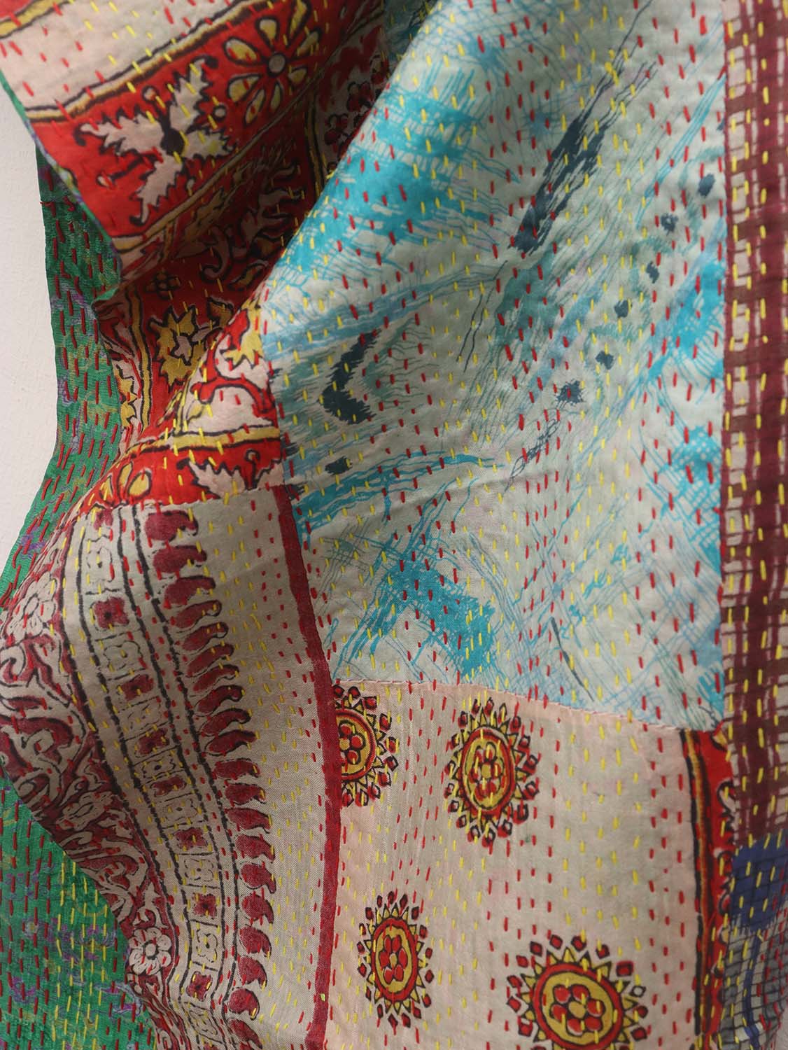 Multicolor Hand Embroidered Kantha Pure Silk Reversible Stole - Luxurion World