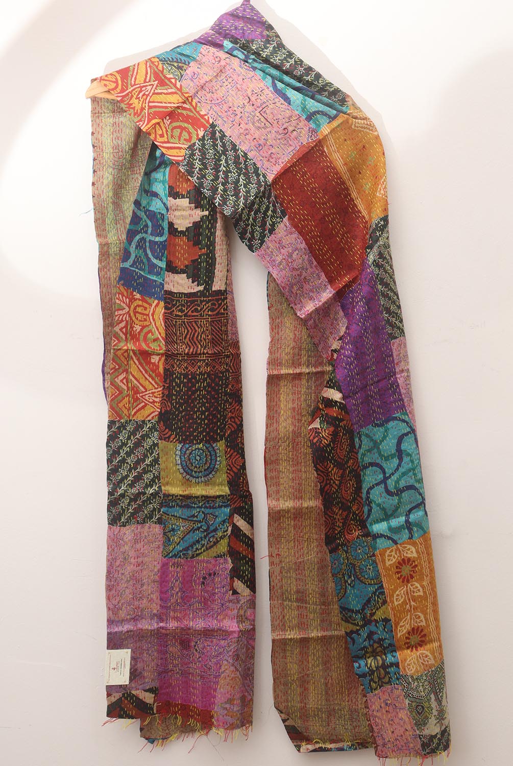 Multicolor Hand Embroidered Kantha Pure Silk Reversible Stole - Luxurion World