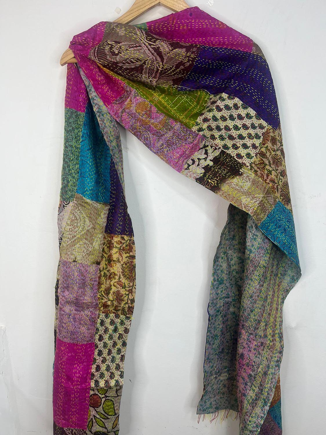 Multicolor Hand Embroidered Kantha Pure Silk Reversible Stole - Luxurion World