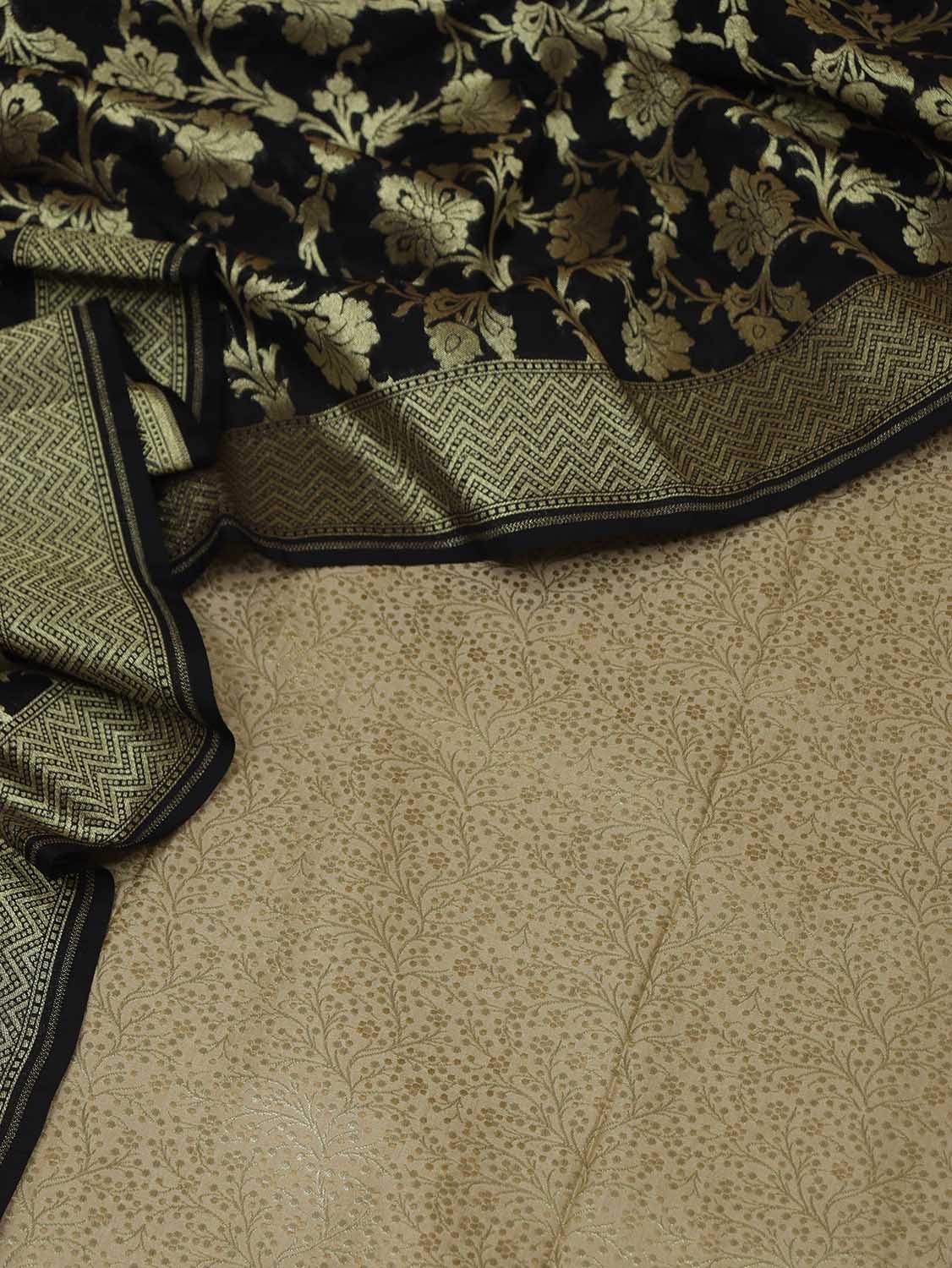 Stunning Cream Banarasi Silk Brocade Fabric with Black Dupatta - Luxurion World