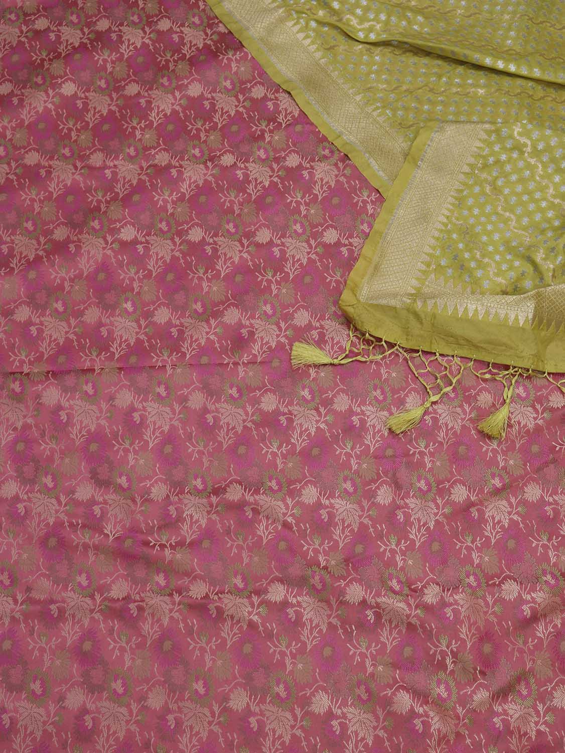 Stunning Pink Banarasi Silk Tanchui Jamawar Brocade Fabric with Green Dupatta - Luxurion World