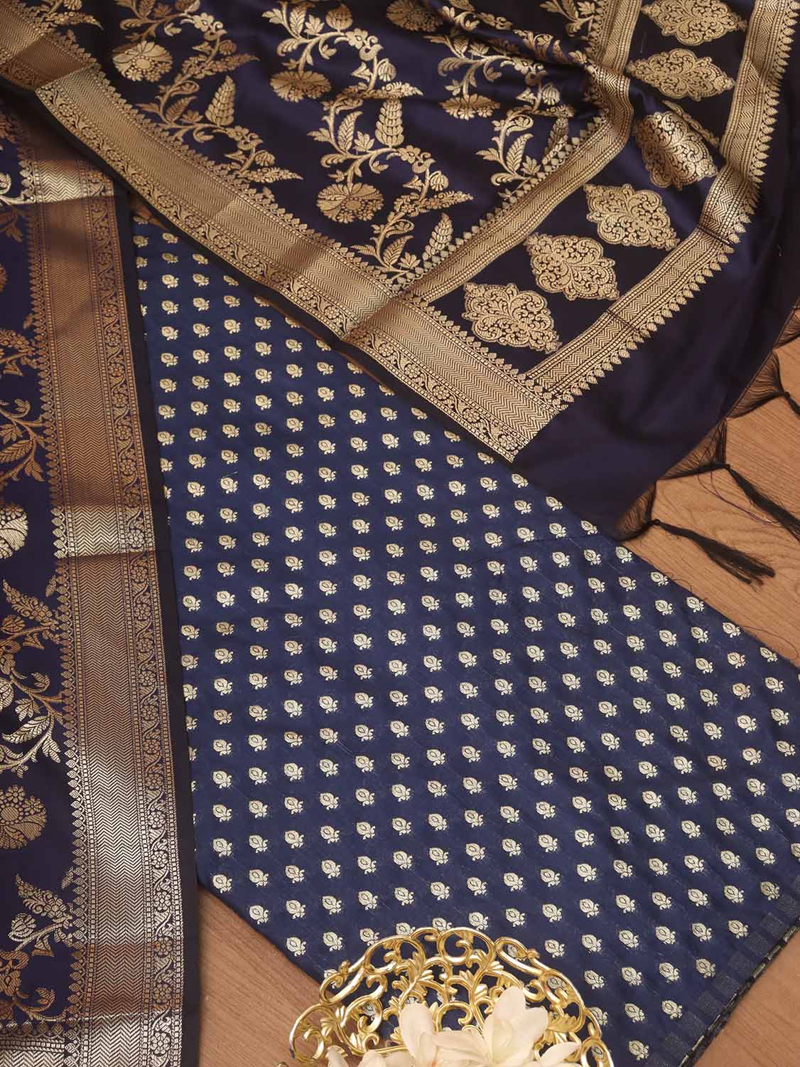 Blue Banarasi Silk Zari Booti Design Suit With Blue Banarasi Silk Dupatta - Luxurion World