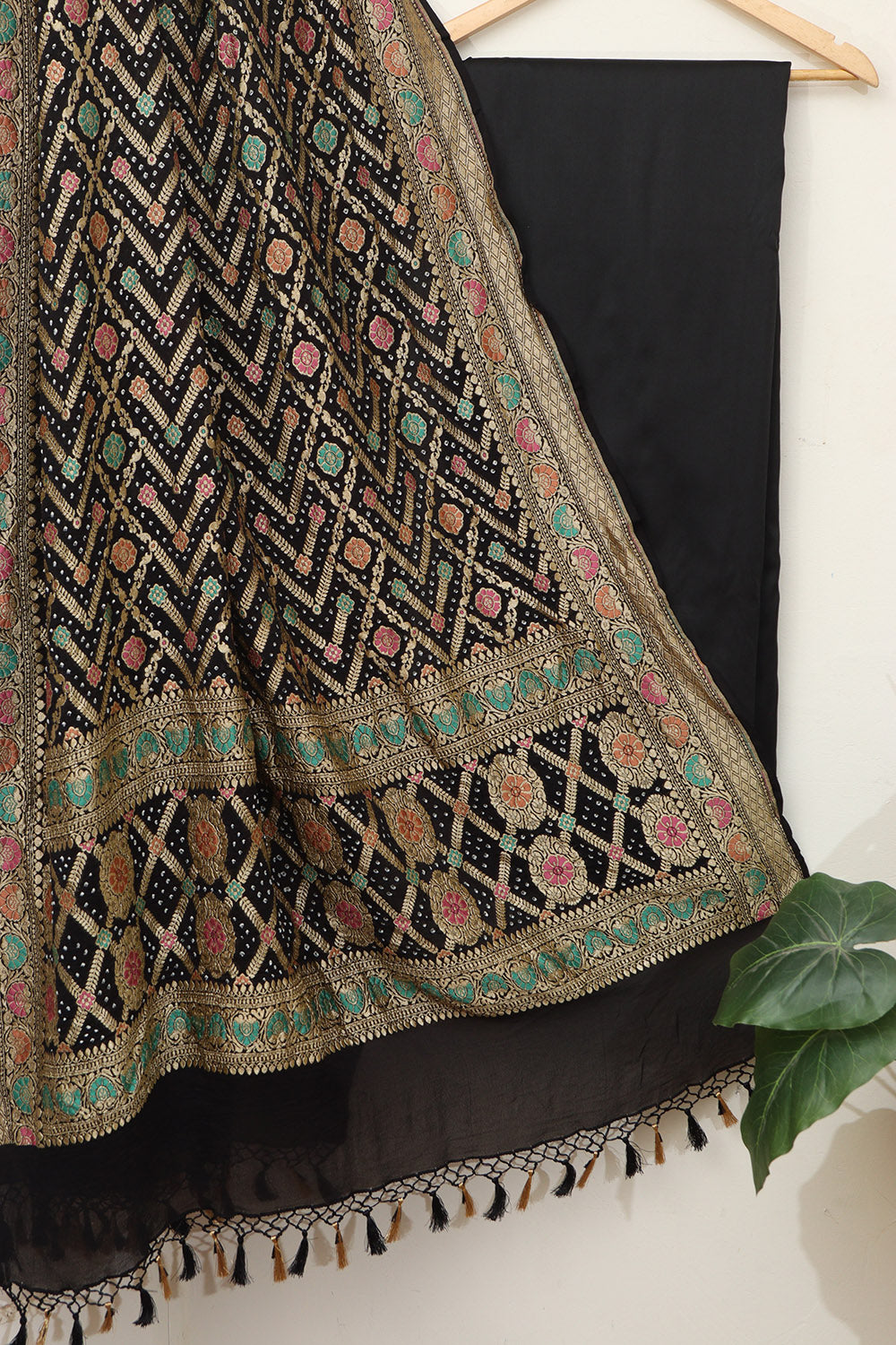 Black Plain Silk Suit With Banarasi Bandhani Pure Georgette Dupatta - Luxurion World
