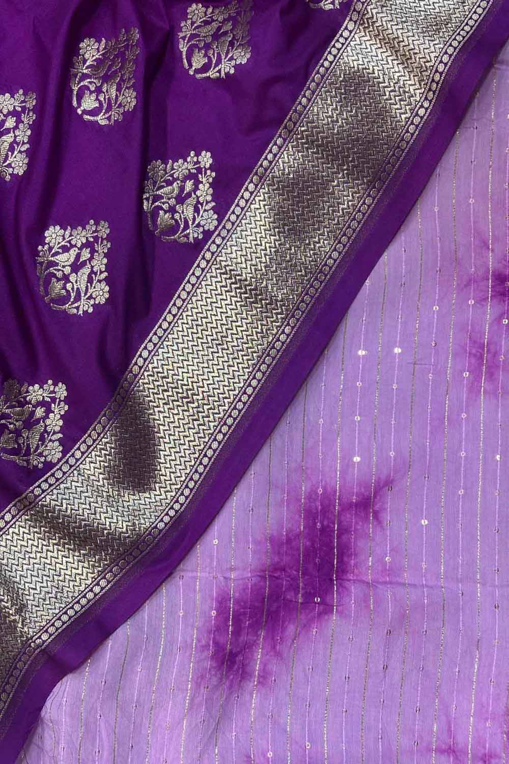 Purple Banarasi Silk Dupatta with Trendy Cotton Silk Tie & Dye Fabric