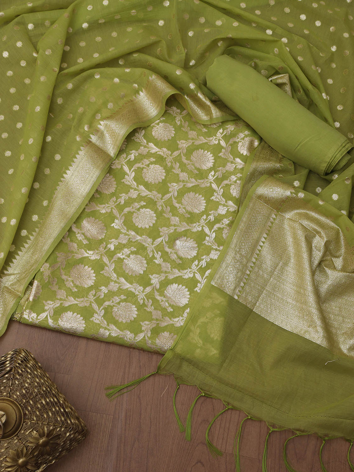 Stylish Green Banarasi Cotton Suit Set - Unstitched Trio - Luxurion World