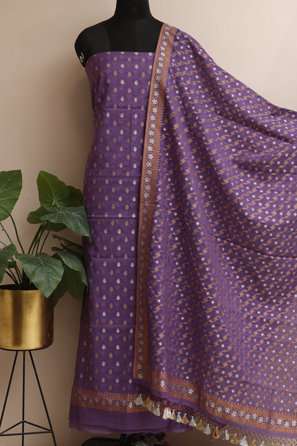 Elegant Purple Banarasi Jamdani Cotton Sona Roopa Three Piece Unstitched Suit Set