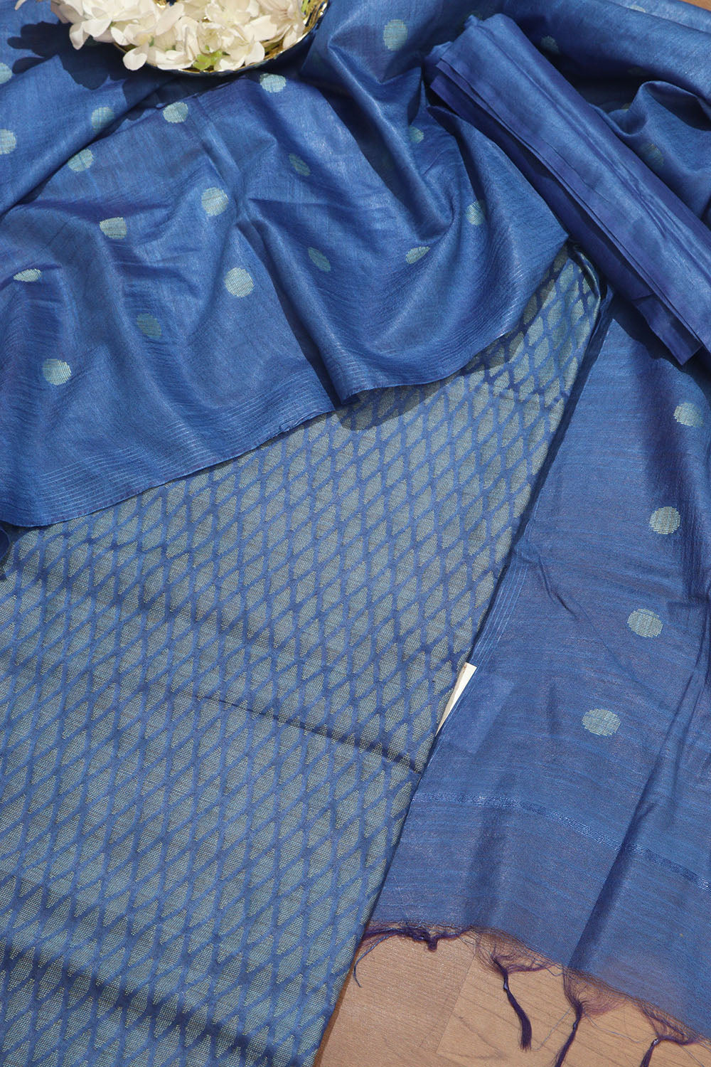 Stylish Blue Bhagalpur Cotton Silk Suit Set - Unstitched 3-Piece - Luxurion World
