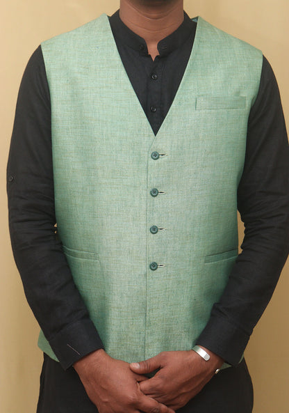Green Cotton Silk Nehru Jacket - Luxurion World
