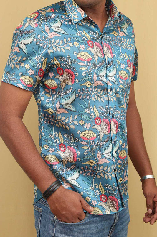 Stunning Blue Kalamkari Tussar Silk Shirt with Digital Print - Luxurion World