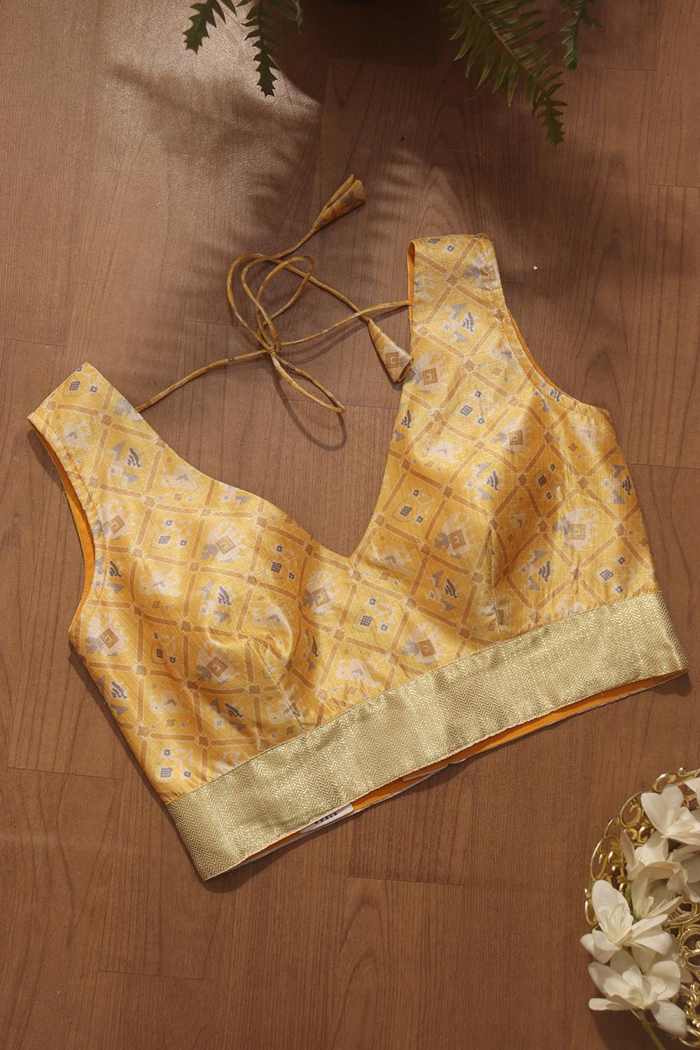 Yellow Digital Printed V Neck Patola Design Tussar Silk Blouse - Luxurion World