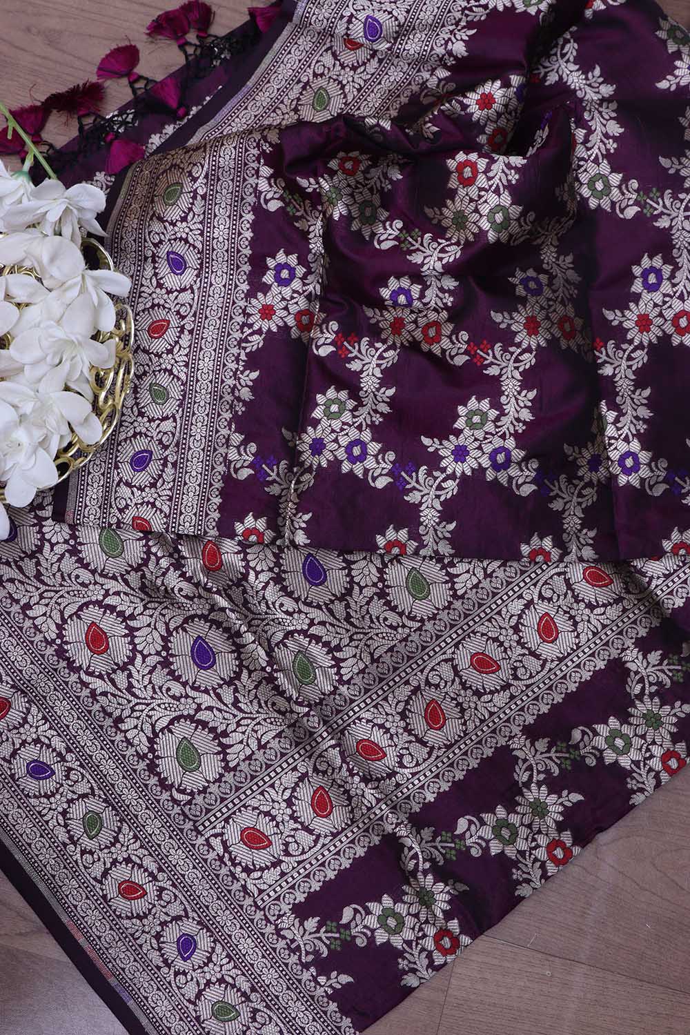 Purple Banarasi Handloom Pure Katan Silk Meenakari Dupatta - Luxurion World