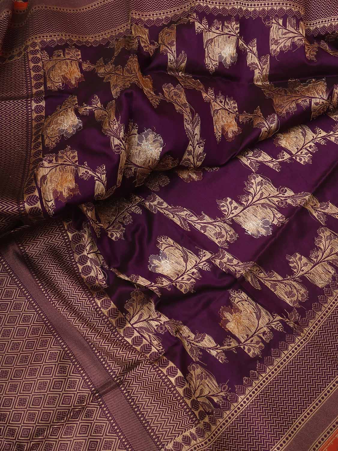 Purple Banarasi Handloom Pure Katan Silk Kadwa Dupatta - Luxurion World