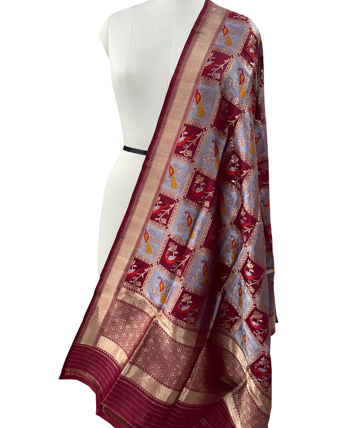 Maroon And Blue Banarasi Handloom Pure Katan Silk Dupatta - Luxurion World