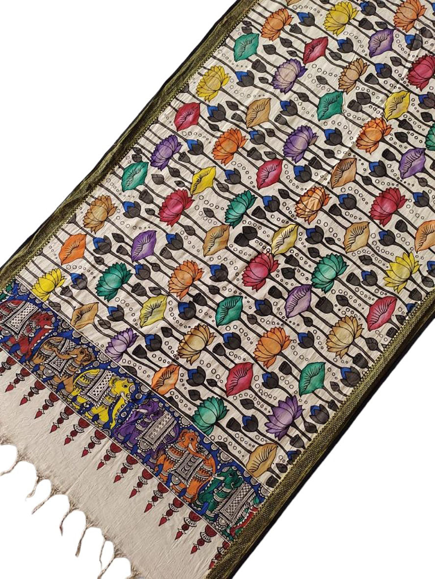 Multicolor Kalamkari Hand Painted Mangalgiri Cotton Dupatta - Luxurion World