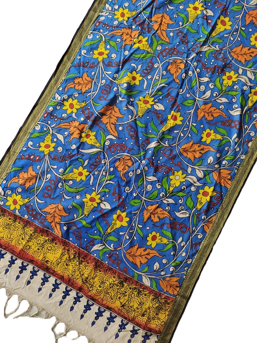 Blue Kalamkari Hand Painted Mangalgiri Cotton Dupatta - Luxurion World