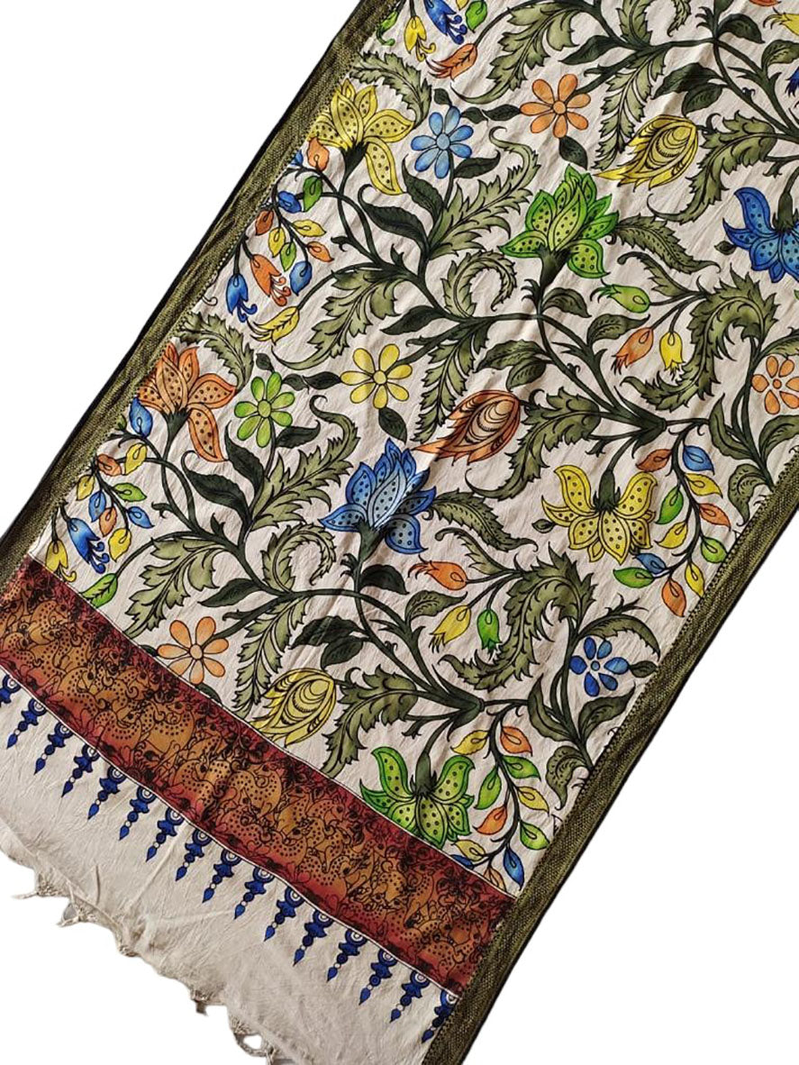 Multicolor Kalamkari Hand Painted Mangalgiri Cotton Dupatta - Luxurion World