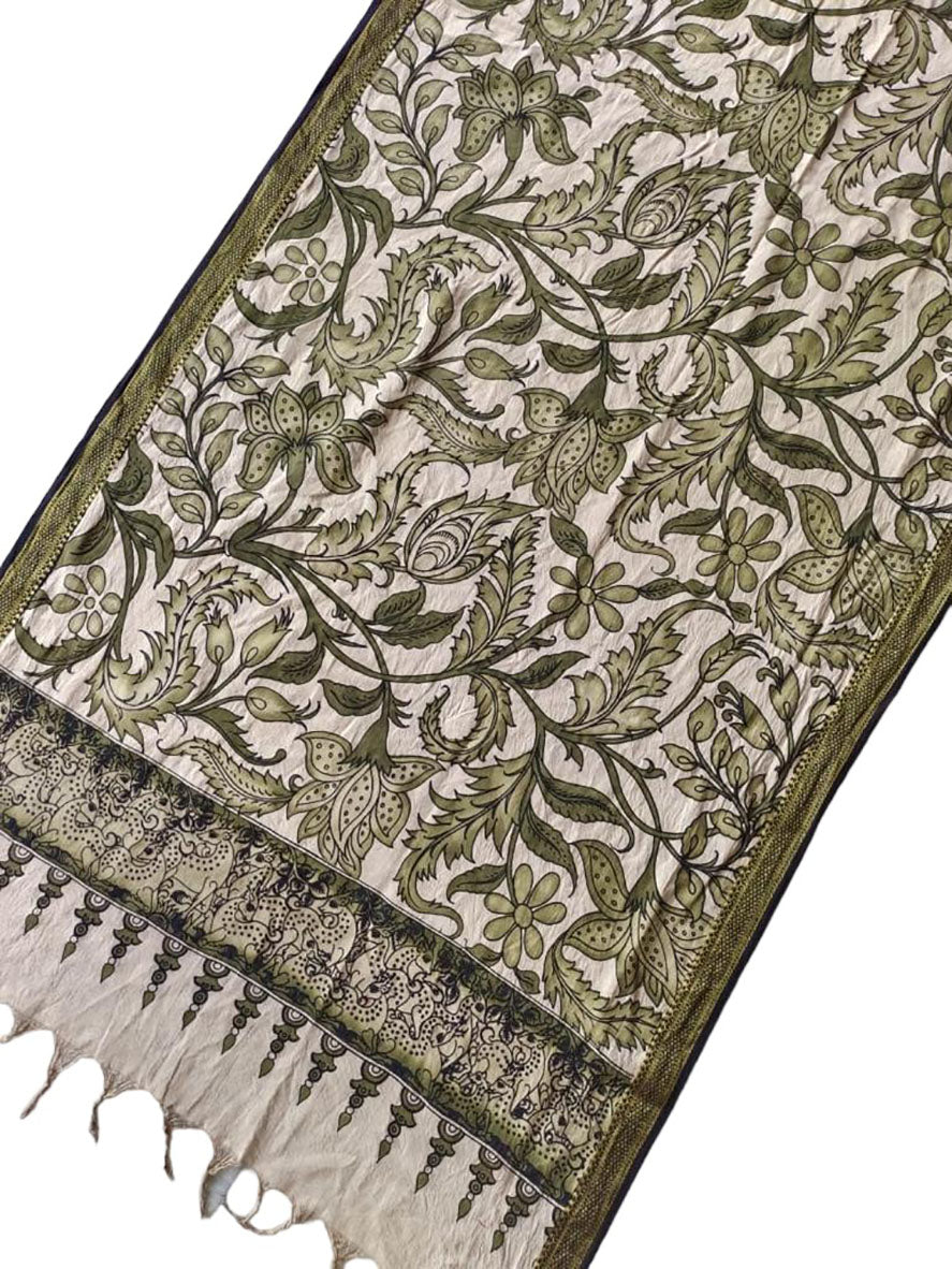 Green Kalamkari Hand Painted Mangalgiri Cotton Dupatta - Luxurion World