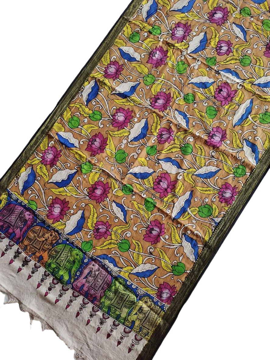 Multicolor Kalamkari Hand Painted Mangalgiri Cotton Dupatta - Luxurion World