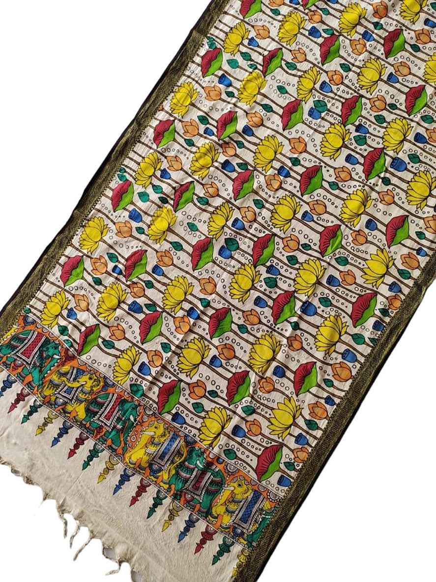 Multicolor Kalamkari Hand Painted Mangalgiri Cotton Dupatta - Luxurion World