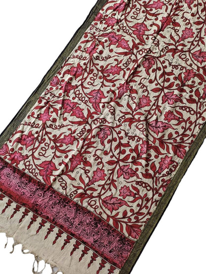 Pink Kalamkari Hand Painted Mangalgiri Cotton Dupatta - Luxurion World