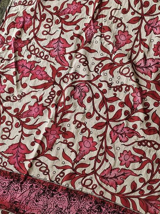 Pink Kalamkari Hand Painted Mangalgiri Cotton Dupatta - Luxurion World