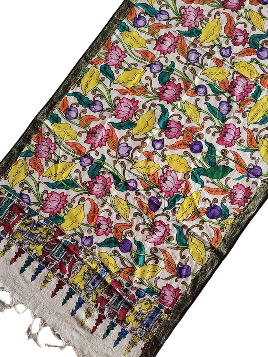 Multicolor Kalamkari Hand Painted Mangalgiri Cotton Dupatta - Luxurion World