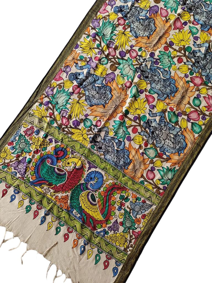 Multicolor Kalamkari Hand Painted Mangalgiri Cotton Dupatta - Luxurion World