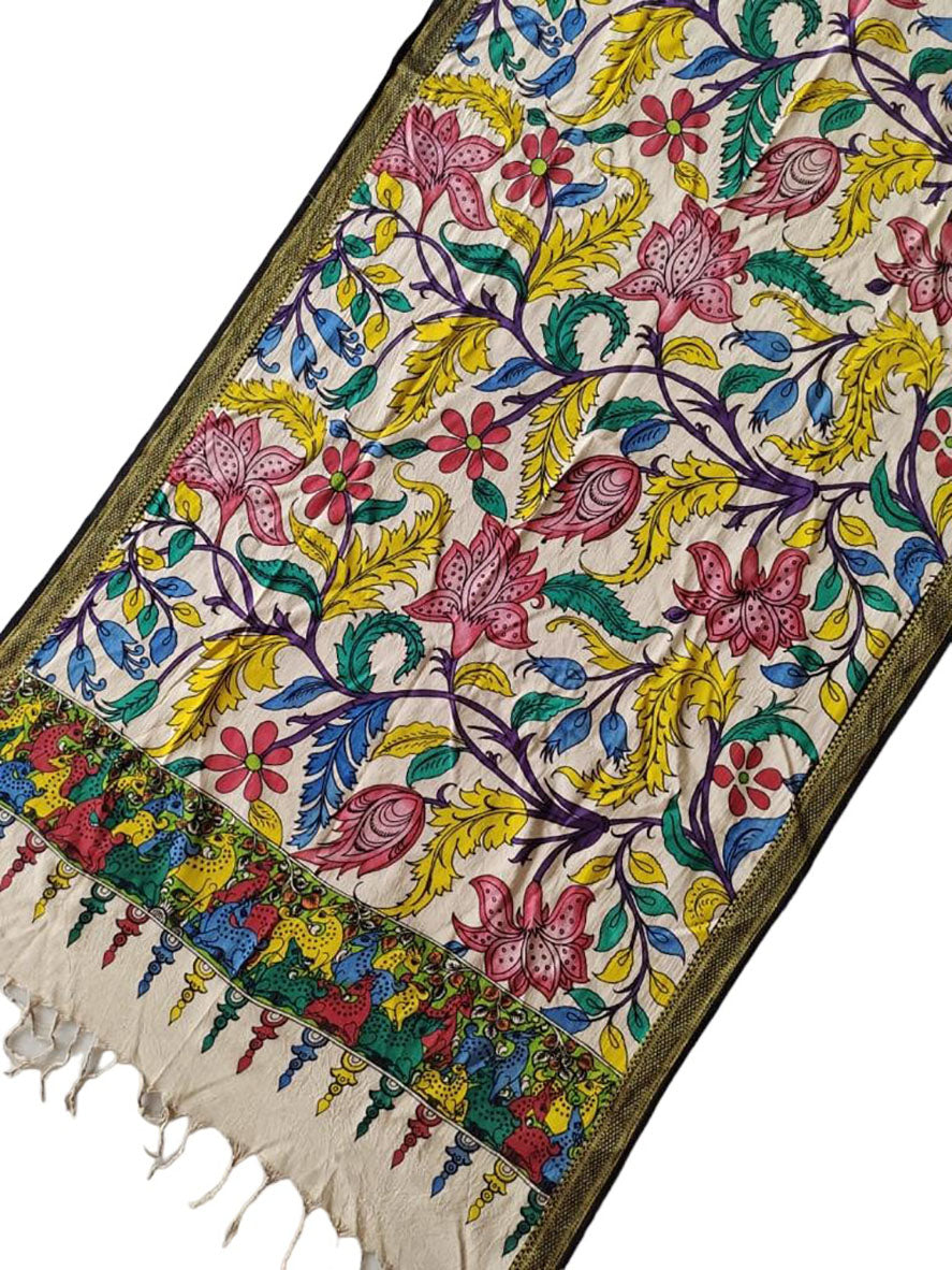 Multicolor Kalamkari Hand Painted Mangalgiri Cotton Dupatta - Luxurion World